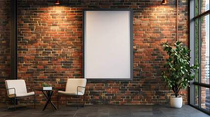 blank white Poster for mockup in a stylish black frame, hanging on a brick wall in a modern office setting. empty photo frame 