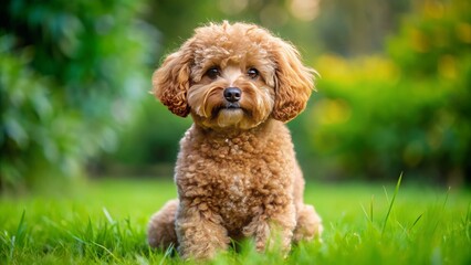 Fototapeta premium Adorable brown Bichon Frise dog with curly coat and big brown eyes sits on a green grass lawn,
