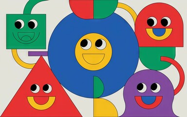 Fototapeta premium Happy geometric faces. Colorful geometric shapes with smiling faces, representing unity and joy.