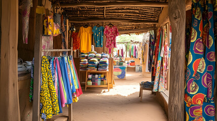 Obraz premium A small clothing store in an African village, with bright fabrics and patterns hanging from racks, local artisans tailoring dresses in the back