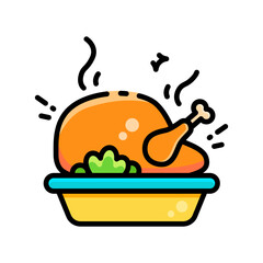 Roast turkey or chicken icon, flat cartoon vector illustration. Thanksgiving Day dinner.