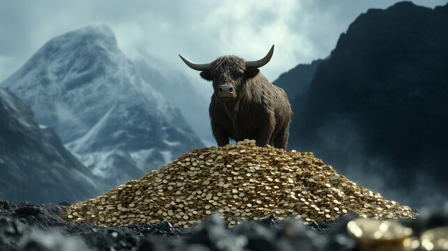 Highland Bull, Guardian of Gold: A majestic Highland bull stands guard atop a mountain of gold coins, a striking image of power, wealth, and nature's grandeur.  