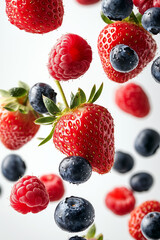 Berry Splash: A vibrant cascade of fresh strawberries, blueberries, and raspberries frozen in mid-air, capturing the essence of summer sweetness with glistening water droplets.	
