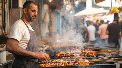 A street vendor in a Middle Eastern bazaar grilling kebabs, with aromatic smoke rising, and a line of customers eagerly waiting