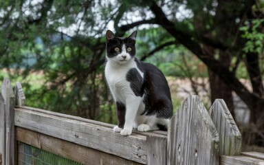 Black and white cat fence. Black and white cat perched on a wooden fence, looking curiously at the camera.