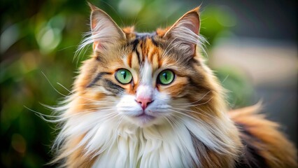Obraz premium Adorable calico cat with luxuriant, flowing long hair and vibrant coloring poses sweetly, showcasing its beautiful