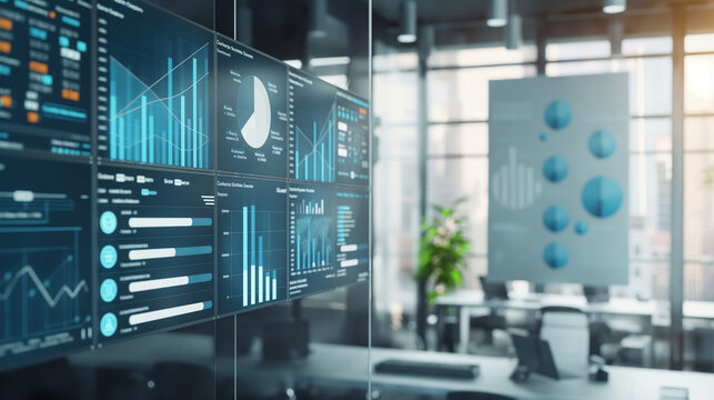 business analysis data statistics documents pinned on the wall in modern office, business growth performance info graphics 