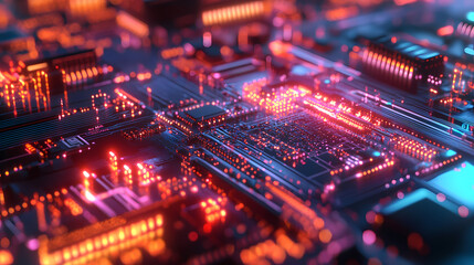 Obraz premium Computer ship macro photo, electronic chip, motherboard part, abstract ai generative illustration. Quantum Computer. Illustration