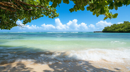 Vibrant tropical beach scene with crystal clear water and lush greenery.	
