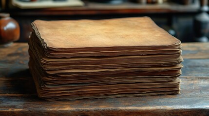 A stack of aged, textured papers on a wooden surface.