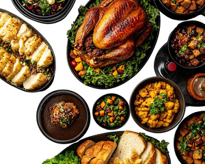 A delicious spread of festive food featuring roasted turkey, sides, and bread, perfect for holiday gatherings and celebrations.