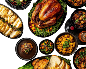 A delicious spread of festive food featuring roasted turkey, sides, and bread, perfect for holiday gatherings and celebrations.
