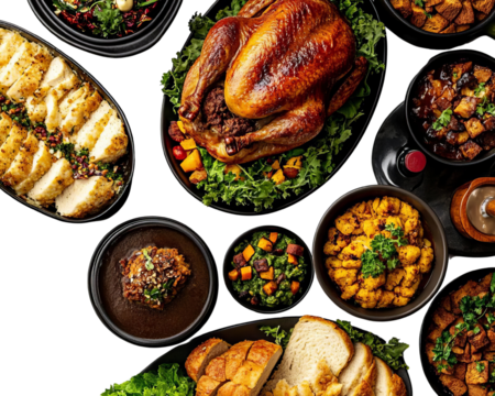 A delicious spread of festive food featuring roasted turkey, sides, and bread, perfect for holiday gatherings and celebrations.