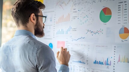 Businessman Analyzing Data on a Whiteboard with Charts and Graphs