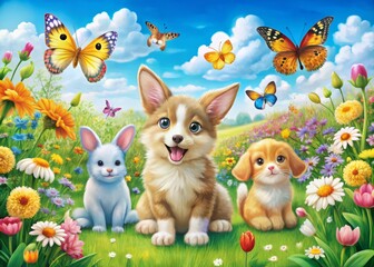 Fototapeta premium Adorable cartoon animals, including a smiling rabbit, playful kitten, and happy puppy, gather together in a colorful