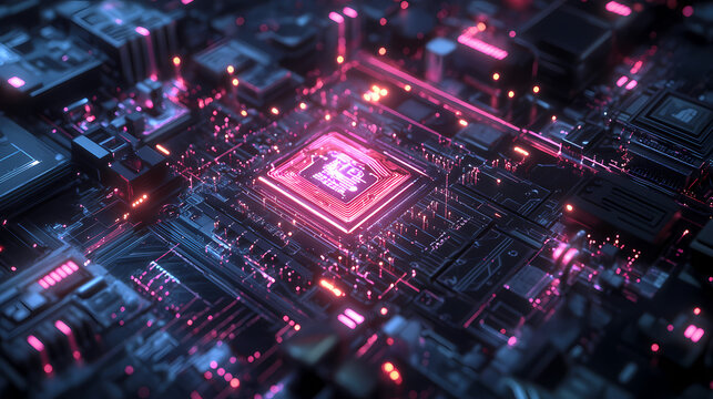 Illustration of a quantum computer core, visualized with glowing qubits and intricate circuitry in a high-tech lab environment. Quantum Computer. Illustration