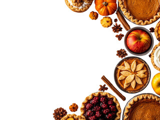 A festive arrangement of autumn desserts featuring pumpkin pie, apple pie, and various seasonal fruits and spices.