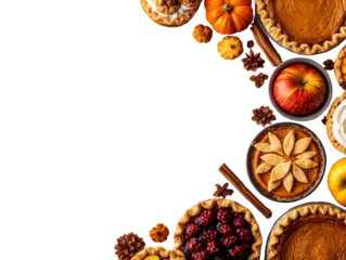 A festive arrangement of autumn desserts featuring pumpkin pie, apple pie, and various seasonal fruits and spices.