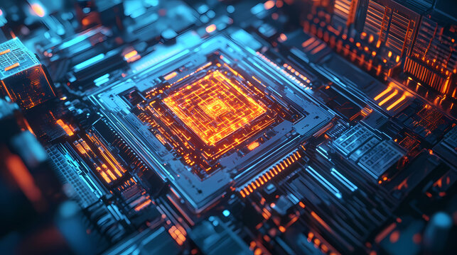 Illustration of a quantum computer core, visualized with glowing qubits and intricate circuitry in a high-tech lab environment. Quantum Computer. Illustration