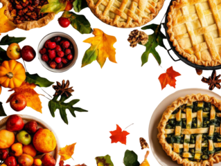 A festive autumn arrangement featuring colorful pies surrounded by seasonal fruits and leaves, ideal for holiday themes.