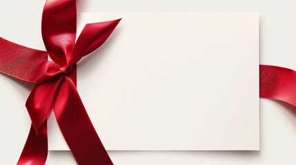 Gift card with red ribbon bow on white background, top view.