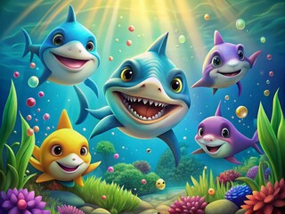 Fototapeta premium Adorable cartoon sharks with big smiley faces, colorful fins, and endearing expressions swim together in a vibrant