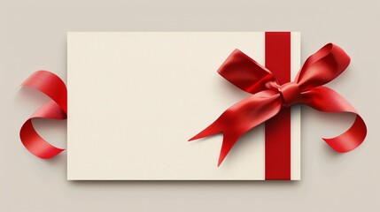 Gift card with red ribbon bow on white background, top view.