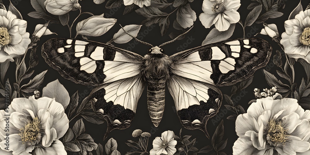 Wall mural black and white floral pattern with butterfly