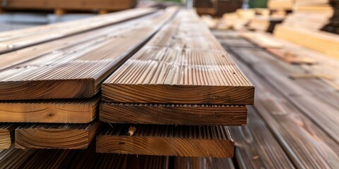Stacked solid wood deck boards for construction and finishing in the building sector, available for purchase.