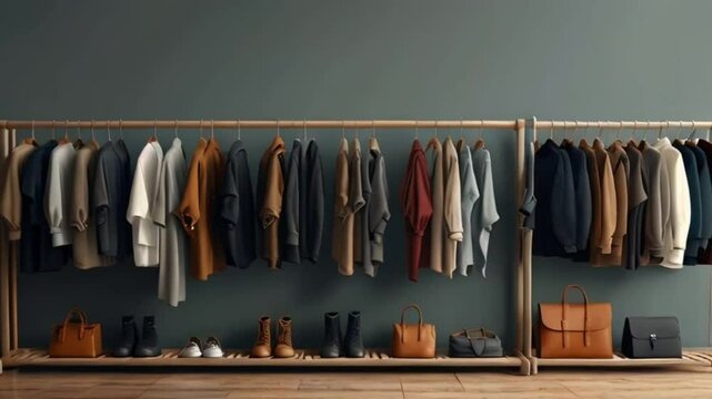  clothing rack, It shows various garments hanging, with shoes and purses below, against a muted green backdrop, clothing on hangers