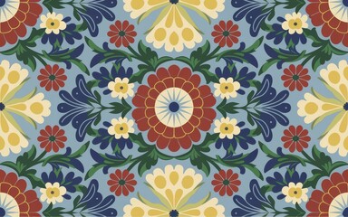 Floral pattern background. Seamless decorative pattern with blue, red, and yellow flowers. Suitable for fabric, wallpaper, and home decor design.