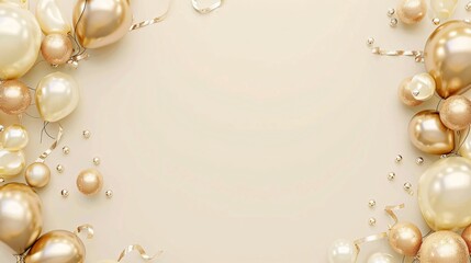 golden balloons on golden background with copy space. 3d illustration.