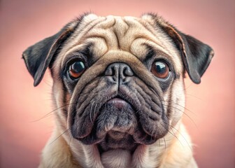 Obraz premium Adorable close-up of a pug's wrinkles, showcasing its distinctive nose, with nose rings and fur folds, set against