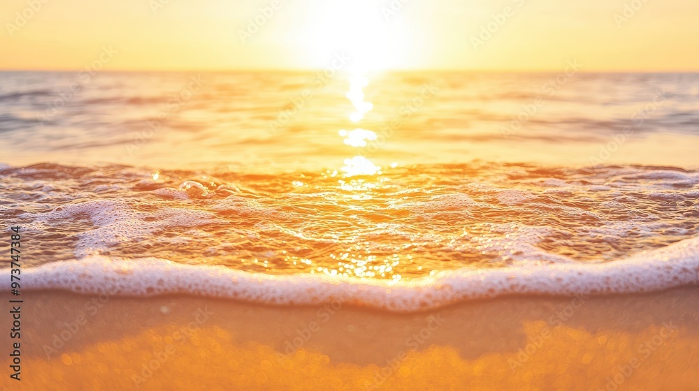 Poster golden sunset sea water wave beach background