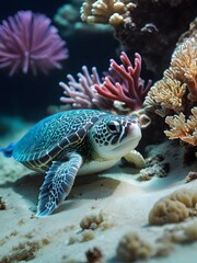 sea turtle swimming among vibrant coral reefs in a clear ocean during daylight hours. Generative AI