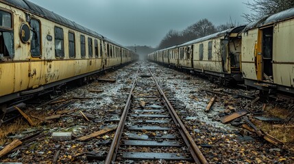 Abandoned Train Tracks with Rusted Carriages and Broken Windows