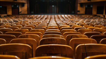 Fototapeta premium Symmetrical view of empty wooden theater seats, vintage and cultural environment concept.