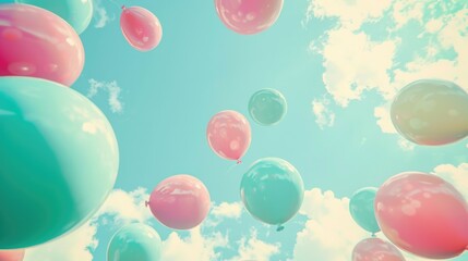 Fototapeta premium Colorful Balloons in Sky. Whimsical concept with colorful balloons floating against a soft pastel sky.