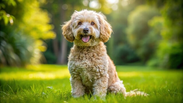 Adorable, curly-coated Havapoo dog sitting on a green lawn, with a sweet expression, floppy ears, and a fluffy