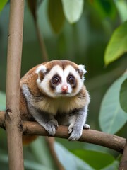 Obraz premium Cute slow loris perched on a branch amidst lush green leaves during a sunny day in the rainforest. Generative AI