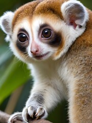 Cute slow loris perched on a branch amidst lush green leaves during a sunny day in the rainforest. Generative AI