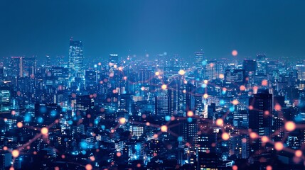Obraz premium 12. A modern capital city with a bustling business district, skyscrapers connected by a web of abstract dots and lines, illustrating the concept of big data and smart city technology