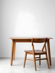 Modern wooden table with a simple chair against a minimalist white wall in a well-lit room during daylight. Generative AI