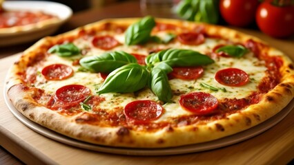  Deliciously baked pepperoni and basil pizza ready to serve
