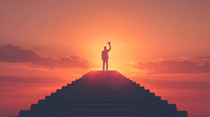 18. At the peak of a staircase, a businessman silhouette raises a trophy against the backdrop of a glowing sunset, embodying the spirit of success and organizational leadership