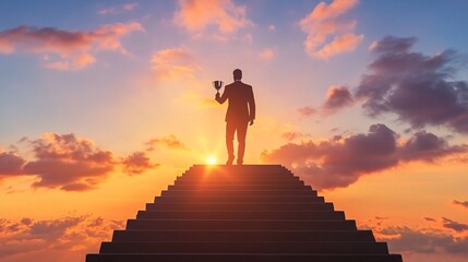 20. A victorious businessman silhouette with a trophy at the top of a staircase, the sunset casting a dramatic light, symbolizing the culmination of hard work and success