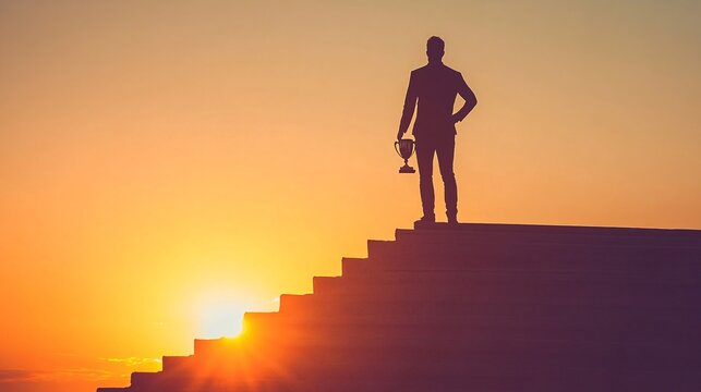 19. Silhouette of a businessman with a trophy, standing on top of a staircase as the sun sets, highlighting the themes of business success and determination