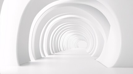 Fototapeta premium 21. A sleek 3D rendering of an empty white tunnel corridor, featuring a curved frame geometric structure, perfect for a trade show display background