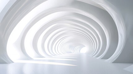 23. A minimalist 3D rendering of a white tunnel with curved geometric structures, creating an abstract and futuristic corridor for trade show displays