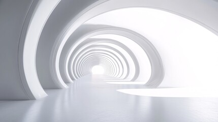 Naklejka premium 24. An empty white tunnel corridor in 3D, showcasing a curved frame geometric design, suitable as a background for trade show displays